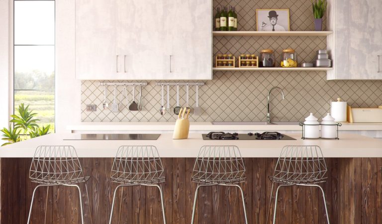 A counter top with modern barstools.