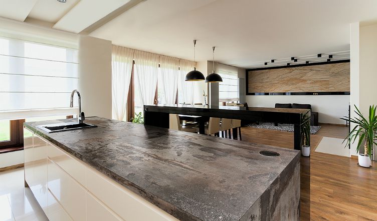 What is Dekton? A shot of an industrial farmhouse kitchen with Dekton counters