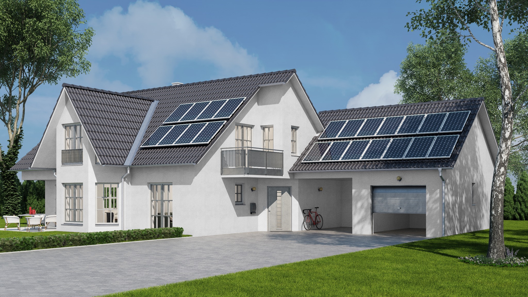 A white home with solar panels on it.