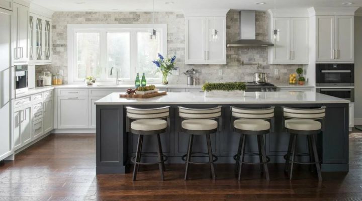 modern kitchen interior with white stone countertop and black support base