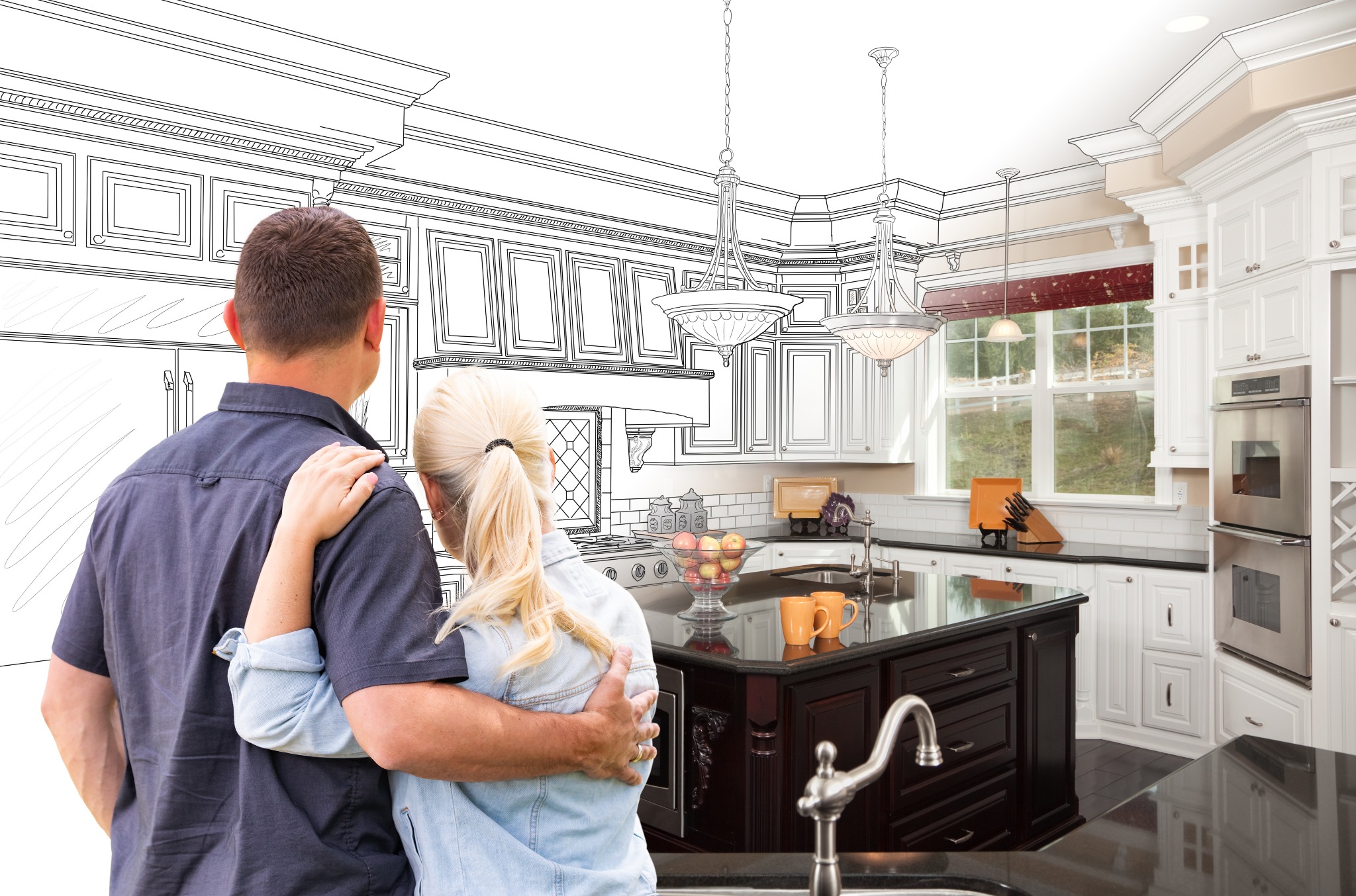 A couple in a kitchen that is half of a design plan and half real.