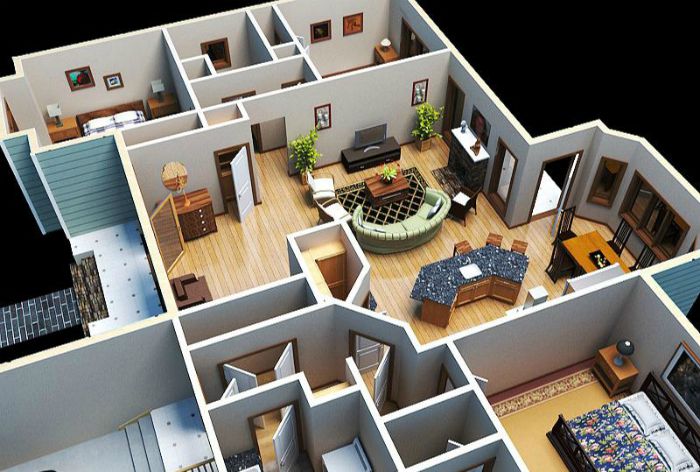 A 3D residential floor plan.