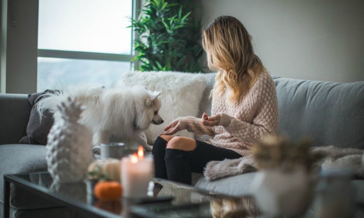 A woman at home with candles lit and her fluffy white dog.
