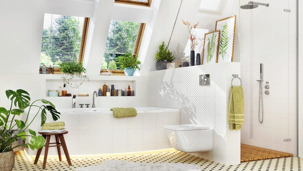 A guest bathroom with added green decor including plants, towels, and framed art.