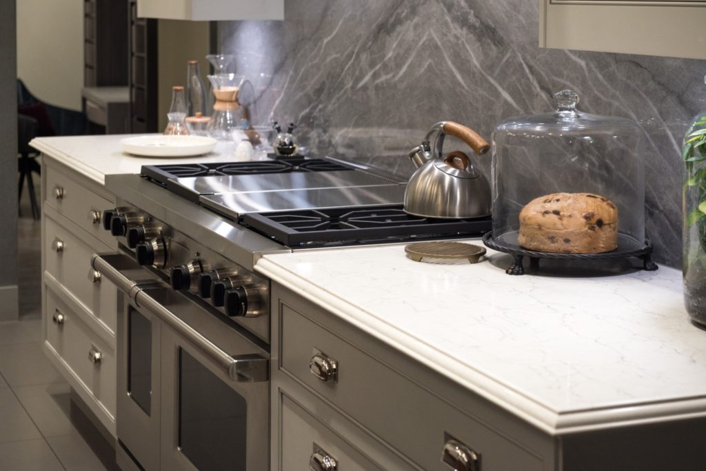 A natural stone counter with a beveled edge